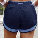 Fisoew Women Athletic Shorts 2 in 1 Running High Split Color Block Workout Yoga Mesh Shorts Pocket Drawstring (Blue, L)