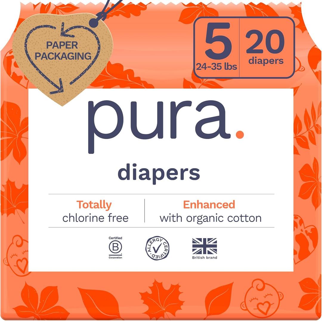 Pura Size 5 Eco-Friendly Diapers (24-35lbs) Totally Chlorine Free (TCF) Hypoallergenic, Soft Organic Cotton, Sustainable Comfort, 12 Hours Leak Protection, Allergy UK,1 Pack of 20 Diapers