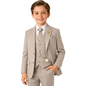 Tweed Herringbone Boys Suit 3 Piece Slim Fit Retro Kid Suits Tuxedos Set Prom Outfit Jacket Blazer Vest Pants for Boy (Beige) Size 3