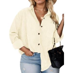 Plus Size Shackets for Women Fashion Fall Outfits Corduroy Shirts with Pockets Casual Long Sleeve Button Down Blouse Tops (Beige, XXL)