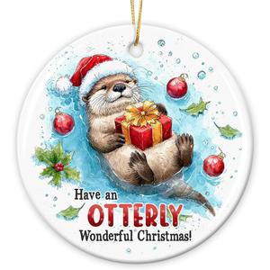 4 x Otter Ornament for Christmas Tree Decorations 2025, Gifts for Animal Lovers, Cute for Women Man, Double Sided Ceramic Animal Ornament, Gift for Friend Coworker Neighbor