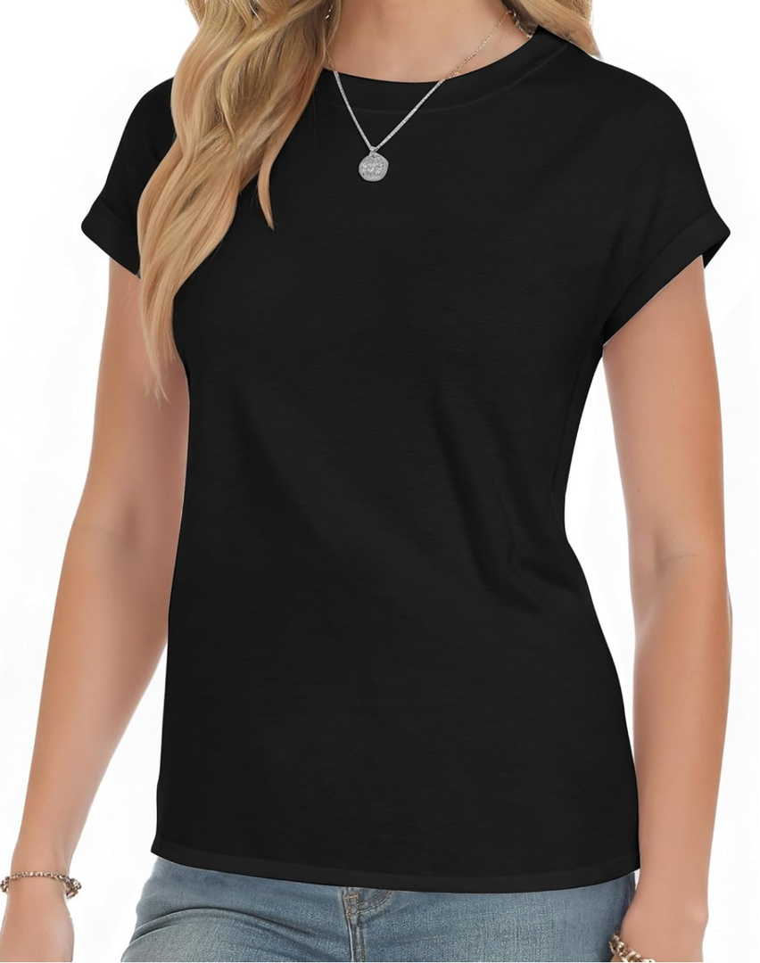 Short Sleeve Shirts for Women Crew Neck Tee - Fashion Summer Spring Cap Sleeve Tops for Women Black, L, 5 Packs