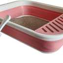 Senior Cat Litter Boxes, Collapsible Open Low Entry Cat Litter Pan with Scoop Travel Kitten Potty Pan Foldable Pet Toilet for Sick Disabled Older Elderly Cats Pink 20.9x15.7x5.7 inch