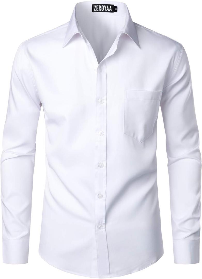 ZEROYAA Men's Urban Stylish Casual Business Slim Fit Long Sleeve Button Up Dress Shirt with Pocket (Large, White)