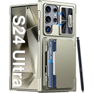 Vizvera for Samsung Galaxy S24 Ultra Wallet Case, RFID Cards Holder & Camera Cover for Women Men, Full Body Rugged Shockproof Silicone Case for S24 Ultra 6.8" 2024 Only-Natural Titanium