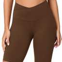 ODODOS Women's Crossover Yoga Shorts with Back Pocket, 8" Buttery Soft V High Waist Lounge Biker Shorts, Brunette, Small (Brown, S)