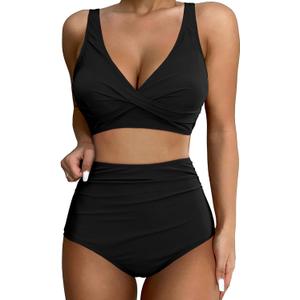 GRAPENT High Waisted Bikini Sets for Women Twist Front Tie Back 2 Piece Bathing Suit V Neck Ruched Swimsuits Bikinis (Small, Black)