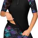 Bonneuitbebe Women 2 Piece UPF 50+ Rash Guard Short Sleeve Half Zip Swim Shirt Built in Bra Swimsuit with Boyshort Bottom (Large, Black Phantom)
