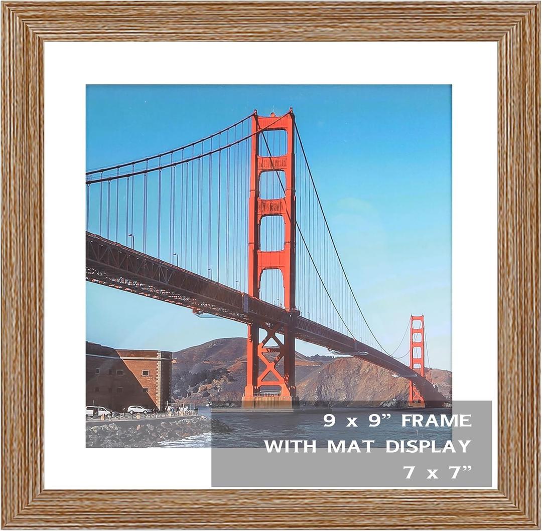 OMISHE 9x9 inch Picture Frame Rustic Brown for Wall Hanging or Tabletop Poster, Frame Display 7x7 inch with Mat or 9x9 Without Mat, Square Wall Gallery Photo Frame, Rustic Brown