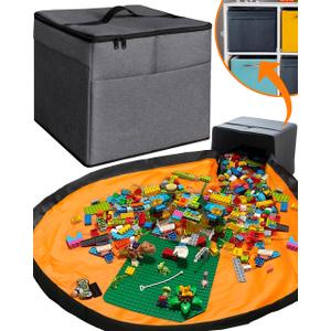 XL Toy Storage Organizer with Play Mat - Storage Bag/Box for Kids, Boys, Girls, Nursery, Playroom - Basket for Building Bricks/Blocks - Collapsible Fabric Cube Bin, 13"x13"x15"