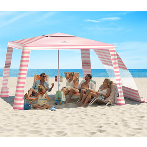 Rhino Valley Beach Cabana, 120 Sq. Ft Beach Canopy UPF50+ Protection, Easy Setup & Adjustable Height Beach Tent Sun Shelter with Cup Holder, Portable for 4-8 People, Pink & White Stripes