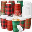 Hushee 150 Pcs Christmas Plaid Paper Cups 12 oz Disposable Coffee Cup with Lids Christmas Cups Coffee Bar Supplies for Hot Cocoa, Hot Chocolate, Hot and Cold Drink Tea Holiday Party Supplies, 5 Styles