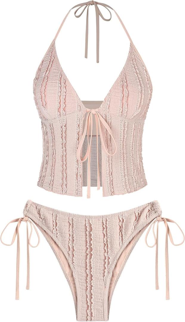 ZAFUL Tankini Swimsuits for Women Smocked Ruffles Tie Front Bowknot Textured High Cut Tanga Tankini Set (Pink), L