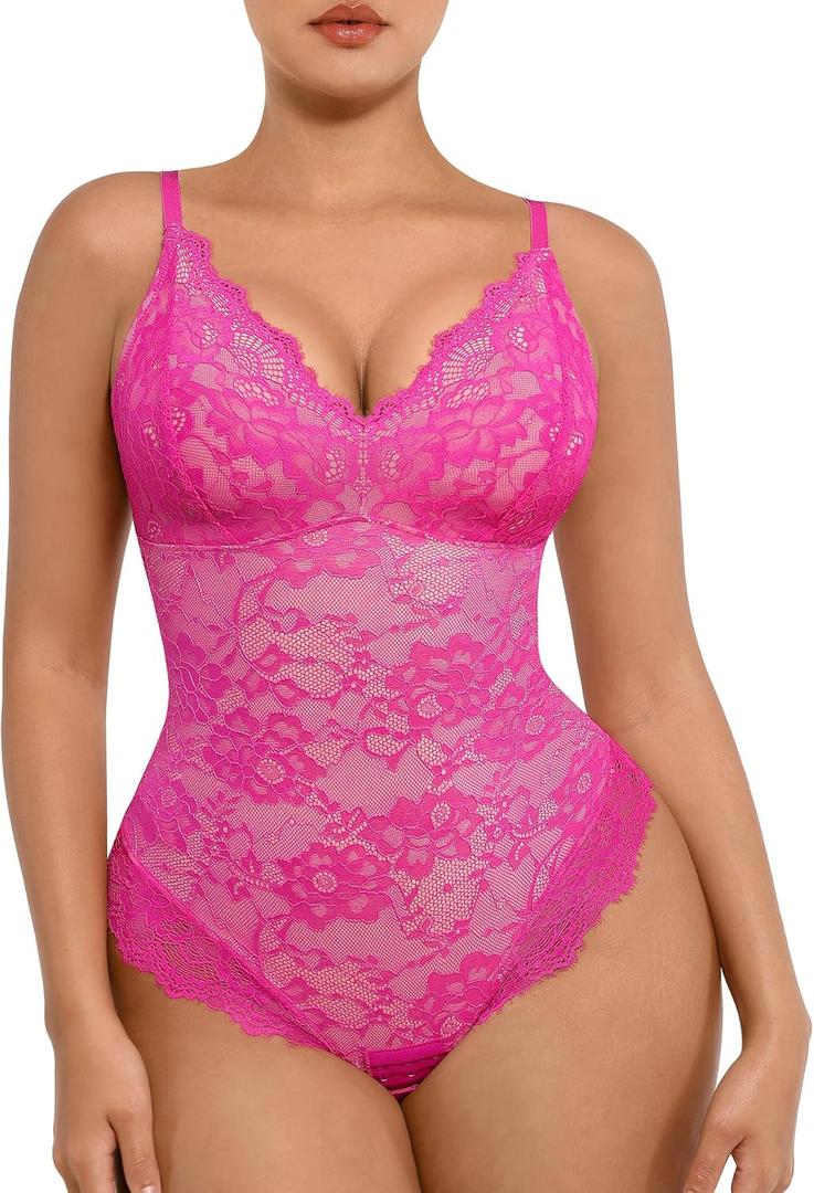 FeelinGirl Shapewear Bodysuits for Women Lace Shapewear Tummy Control V-Neck Sleeveless Bodysuit Tops Jumpsuit (Small, Pink)