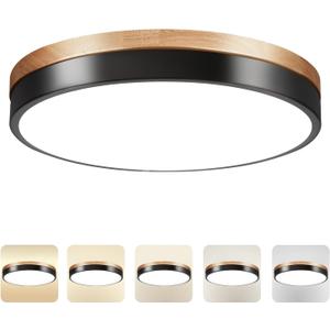 11.8 inch Wood Led Flush Mount Ceiling Light, Dimmable, 5CCT 3000K-6000K Selectable, 36W, 3600LM, Round Modern White Light Fixture Ceiling Mount for Bedroom, Laundry Room,Kitchen, Hallway, Black