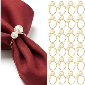 Sliner 48 Pcs Pearl Napkin Rings, Gold Table Napkin Holder Buckles for Dinning Table Setting Christmas Wedding Party Supplies