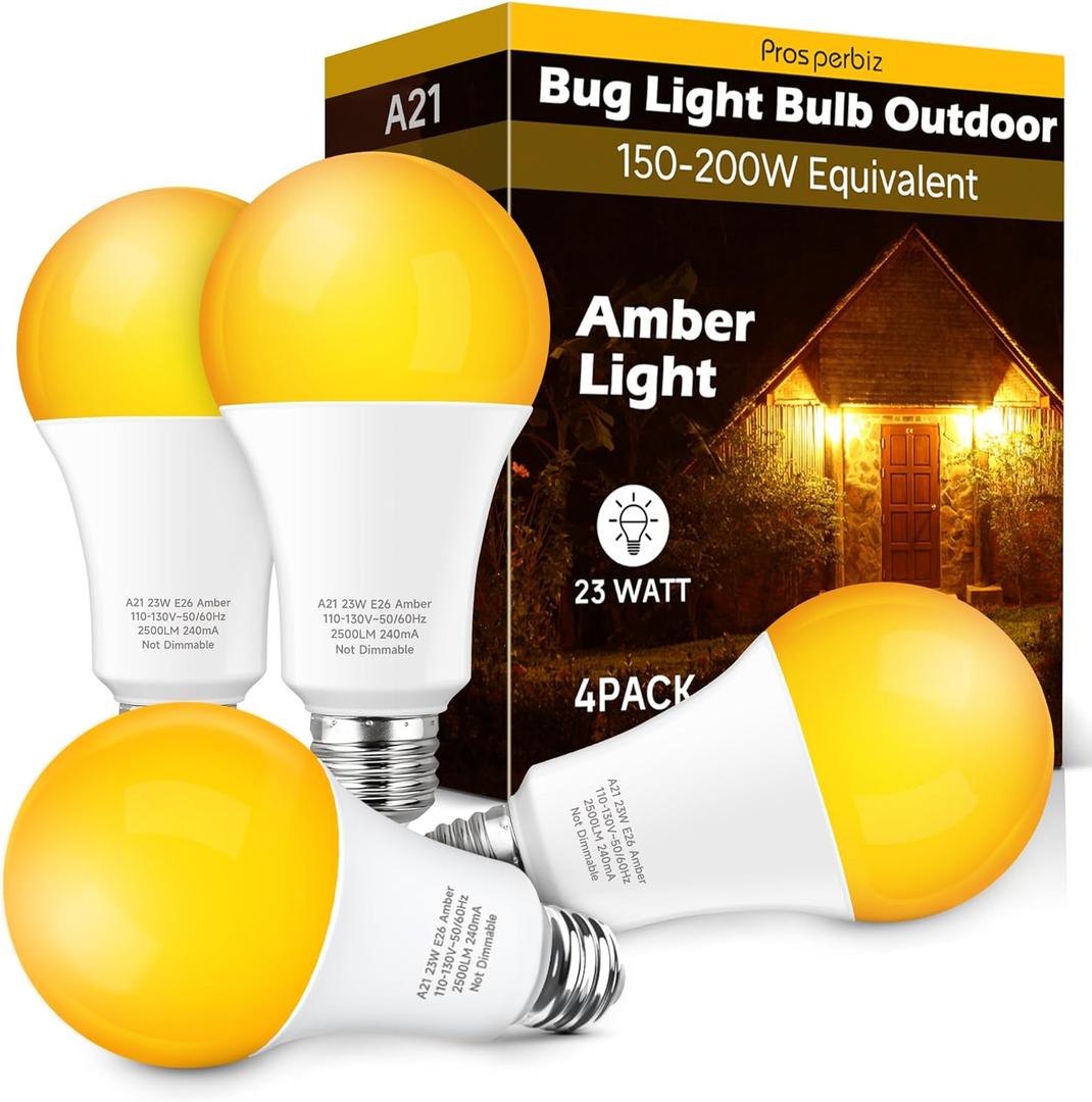 Bug Light Bulbs Outdoor: A21 23W Amber Yellow Light Bulb, 150W-200W Equivalent, 2000K LED Light Bulbs E26, Bug Light Bulb for Outside Porch, Garage, Non-Dimmable, 4 Pack
