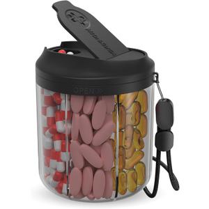 Pill Dispenser with 7 Large Compartments, Pill Bottle Organizer for Travel, Supplement Organizer with Anti-Mixing Design, BPA-Free Pill Container with 20 Pcs Labels, Black