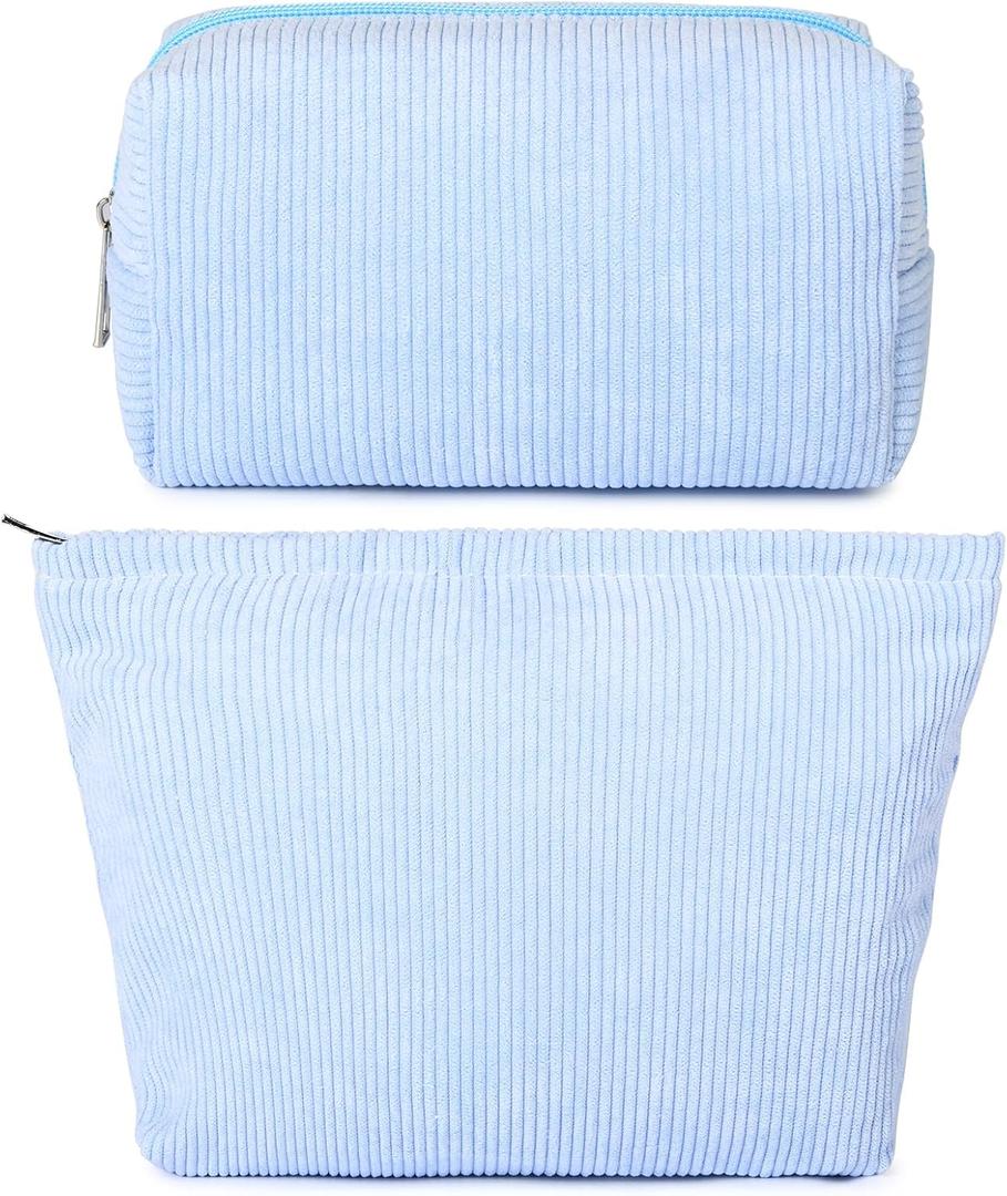 SOIDRAM 2 Pieces Makeup Bag Large Corduroy Cosmetic Bag Capacity Canvas Mix Travel Toiletry Bag Organizer Cute Makeup Brushes Aesthetic Accessories Storage Bag for Women, Corduroy Mix Blue