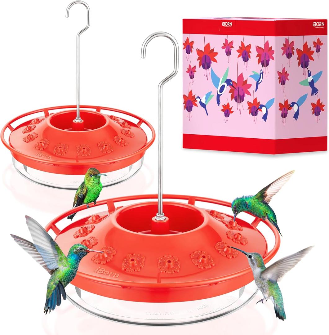 iBorn Hummingbird Feeders for Outdoors Hanging,Bee Proof Hummingbird Feeder with 14 Feeding Ports,13 OZ Saucer Humming Bird Feeders with Ant Moat,Ant Proof No Leak,Easy to Clean and Refill,2 Pack,Red