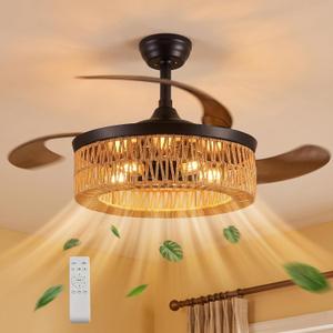 48 Inch Retractable Ceiling Fans , Boho Caged Farmhouse Ceiling Fanwith Lights and Remote, Invisible Rattan Fandelier with 6 Speeds,Timer Reversible,Chandelier Fan for Living Room Bedroom Dining Room
