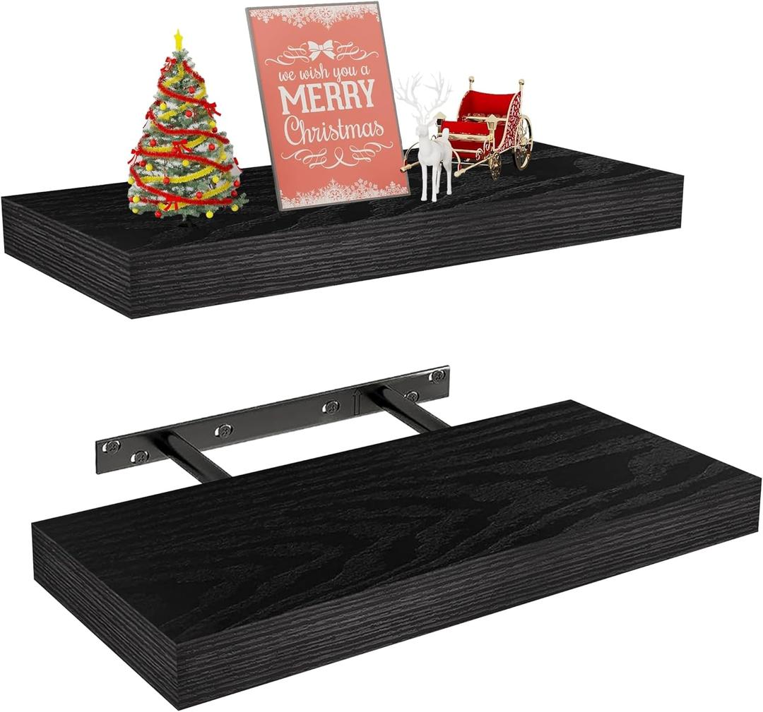 Vervida Black Floating Shelves for Wall, Rustic Wood Wall Mounted Shelves with Invisible Brackets for Decor & Storage, Floating Shelf for Living Room, Bathroom (Set of 2) (15x6.8)