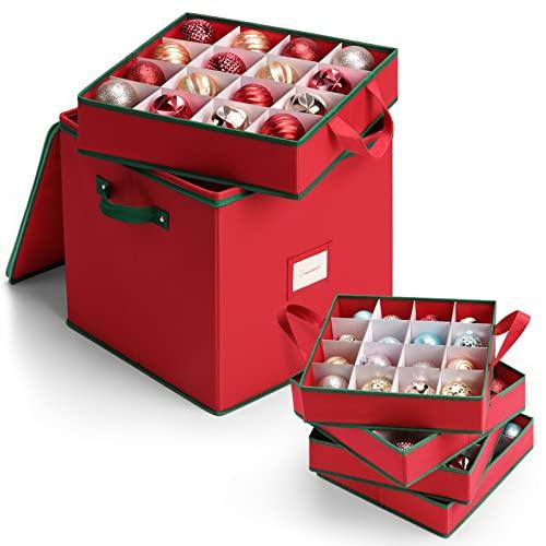 MaidMAX Christmas Ornament Storage Box Holiday Decoration Organizer, 64 Christmas Ball Accessories Holder with Adjustable Dividers, Zippered Closure, 2 Removable Trays, 600D Oxford, 12.9x12.9x13