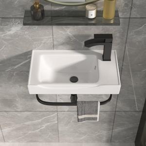 Wall Mount Corner Vessel Sink with Towel Rack 20x11 Inch
Ceramic Bathroom Floating Sink, White Rectangle Bathroom Sink with Overflow, Wall Hung Wash Hand Basin