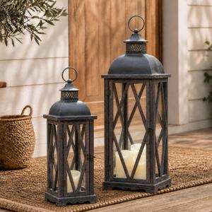 Farmhouse Outdoor Lanterns for Patio, Set of 2 Rustic Lanterns Decor, Vintage Hanging Candle Holder Decorative for Porch, Garden, Yard, Indoor (No Glass, Dark Brown)