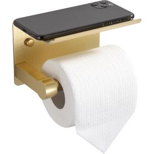 BGL Toilet Paper Holder with Shelf, Jumbo Roll Toilet Paper Holder for Large Rolls,Brushed Gold Adhesive Toilet Roll Holder for Bathroom，Renter Friendly Toilet Paper Holder