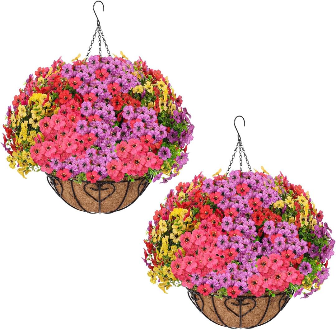 2 Sets Artificial Hanging Flower for Outdoors, Fake Hanging Basket for Outside,2 Hanging Basket with 26 Pcs Faux Silk Flowers for Porch, Balcony and Patio Decor(Mixed)
