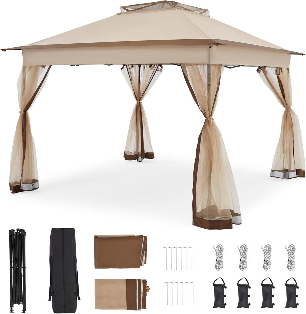 Bezseller 11x11 Pop Up Gazebo Tent with Mosquito Netting Quick Set Up, Water-Resistant Outdoor Canopy for Patio, Garden, Backyard, and More, Khaki