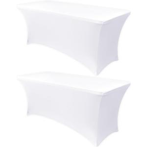 Obstal 8Ft Stretch White Spandex Table Cover for Standard Folding Tables - 2 Pack Universal Rectangular Fitted Tablecloth for Party, Banquet, Events, Trade Show (White, 96L x 30W x 30H Inches)