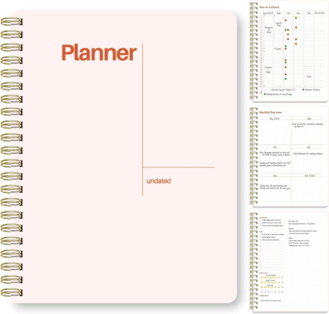 Undated Weekly Planner, 8.5x11  Dashboard Layout with Yearly Review, Monthly Calendars, & Weekly To Do List, Spiral Bound Organizer for Work, Study & Life (Blush White)