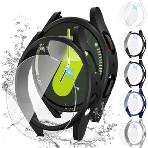 Tensea [5+5Pack for Samsung Galaxy Watch 7 Screen Protector Case 44mm Accessories, Hard PC Bumper/HD Anti-Fog Tempered Glass Protective Film, Face Cover Set, Galaxy Watch 7 Case for Women Men (Clear/Black/Black/Silver/Blue)