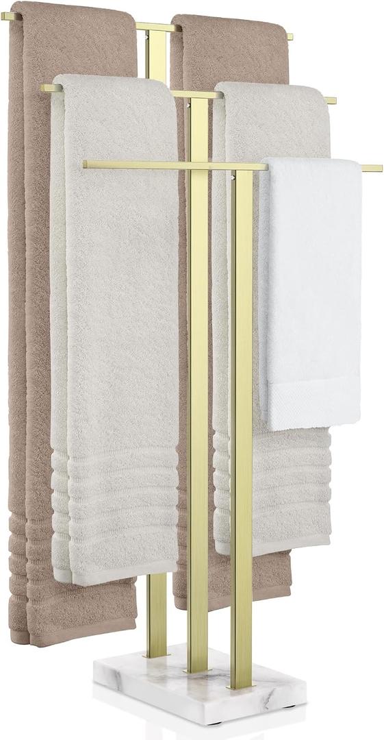 KES 3-Tier Freestanding Towel Rack with Marble Base, 36" Tall, Brushed Gold