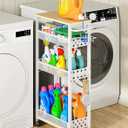 Rolling Slim Storage Cart, 4-Tier Narrow Bathroom Laundry Room Organization Cart, Metal Kitchen Storage Mobile Shelf Unit Organizer with Wood Top, Slim Utility Cart with Wheels for Small Space (7.1 inch wide (New model), White)