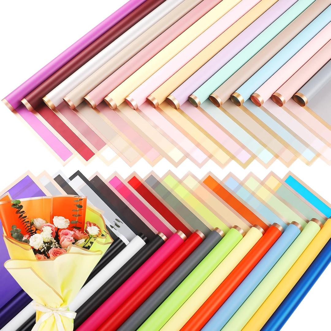 FF Sgdfc 300 Sheets Gold Edge Flower Wrapping Paper Waterproof Bouquet Packaging Paper Florist Bouquet Supplies for Wedding DIY Craft Gift Packing (30 Colors)