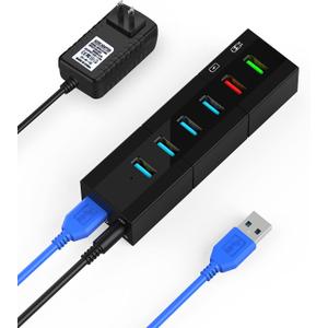 Powered USB 3.0 Hub, K&ZZ 6-Port USB Hub Splitter with 4 Faster Data Transfer Ports + 2 Smart Charging Ports, Multiport USB Hub 3.0 Powered for Mac, PC, Laptop, Black