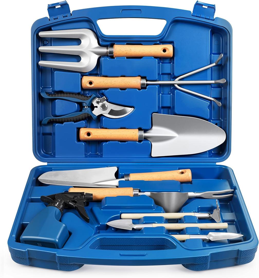 12-Piece Gardening Tool Set for Men, Rust-Proof & Heavy-Duty Hand Garden Tools with Sturdy Blue Carrying Case, Practical & Stylish Gardening Gifts for Men (Blue)