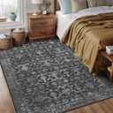 Washable Area Rug 6x9 Black Rugs for Living Room, Vintage Boho Large Rug for Bedroom Dining Room Office, Distressed Floral Print Carpet for Under Table, Soft Non Slip Low Pile Throw Carpet Indoor Mat
