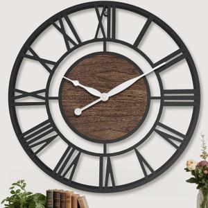 24 Inch Black Roman Numerals Large Wall Clock with Walnut Dial
