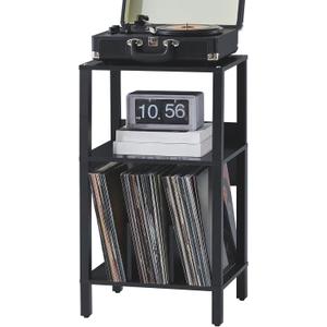 LELELINKY Record Player Stand,3 Tier End Table with Vinyl Storage Up to 100 Albums,Vinyl Holder for Records,Black Multi-Functional Turntable Stand Display Shelf for Living Room