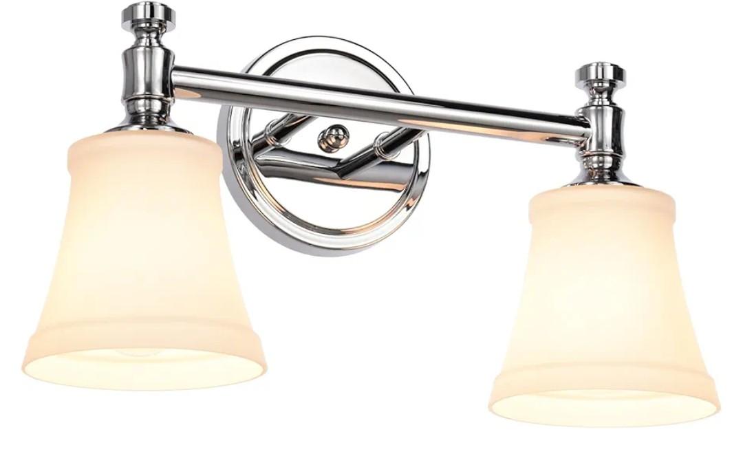 Bathroom Vanity Light Fixtures, Traditional Chrome 2 Lights Wall Sconce Lighting with Opal Glass Shade, Porch Wall Mount Light Fixture for Bathroom, Mirror Cabinets Hallway Stairs