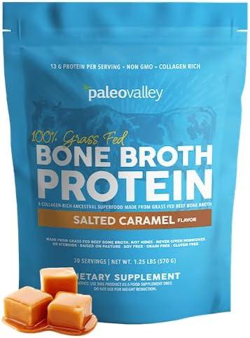Paleovalley 100% Grass Fed Beef Bone Broth Protein Powder - Rich in Collagen Peptides for Hair, Skin, Gut Health, Bone and Joint Support - 13g Protein Per Serving - No Gluten or GMOs - Salted Caramel (EXP: 05/2028)