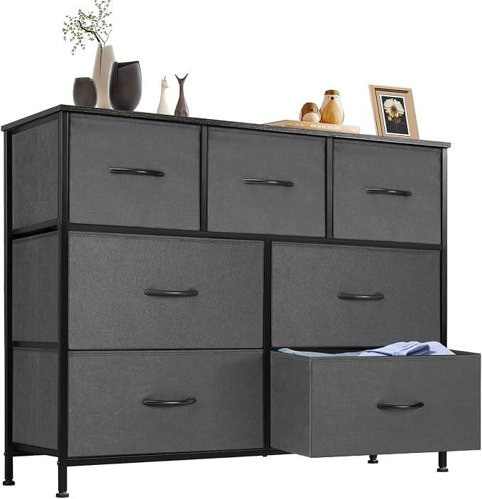 Sweetcrispy 7 Drawer Dresser Storage Organizer with Fabric Bins, Grey | Sturdy Steel Frame and Wood Top, Easy Pull Handles, for Bedroom Closet Hallway Entryway