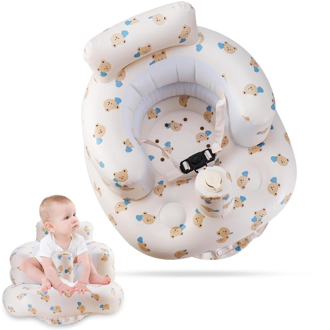 Inflatable Baby Seat with 3-Point Safety Belt & Built-in Pump - Portable Infant Chair for Sitting Up, Travel, Home Use (Blue Love Bear Head)