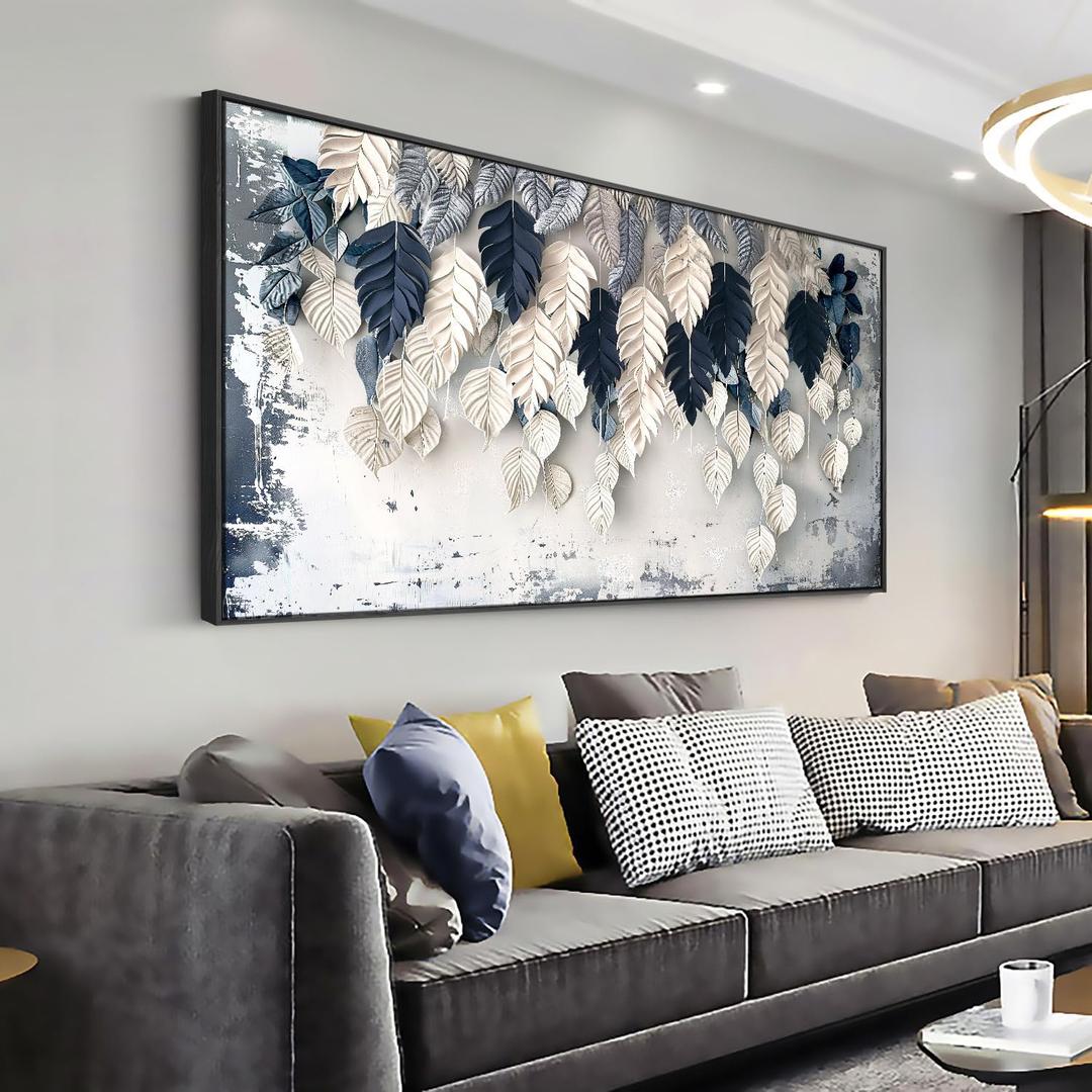 Wall Art Leaf Botanical White and Blue Modern Artwork Canvas Painting for Living Room Bedroom Dining Room Home Office Decor 24"x48" with Framed