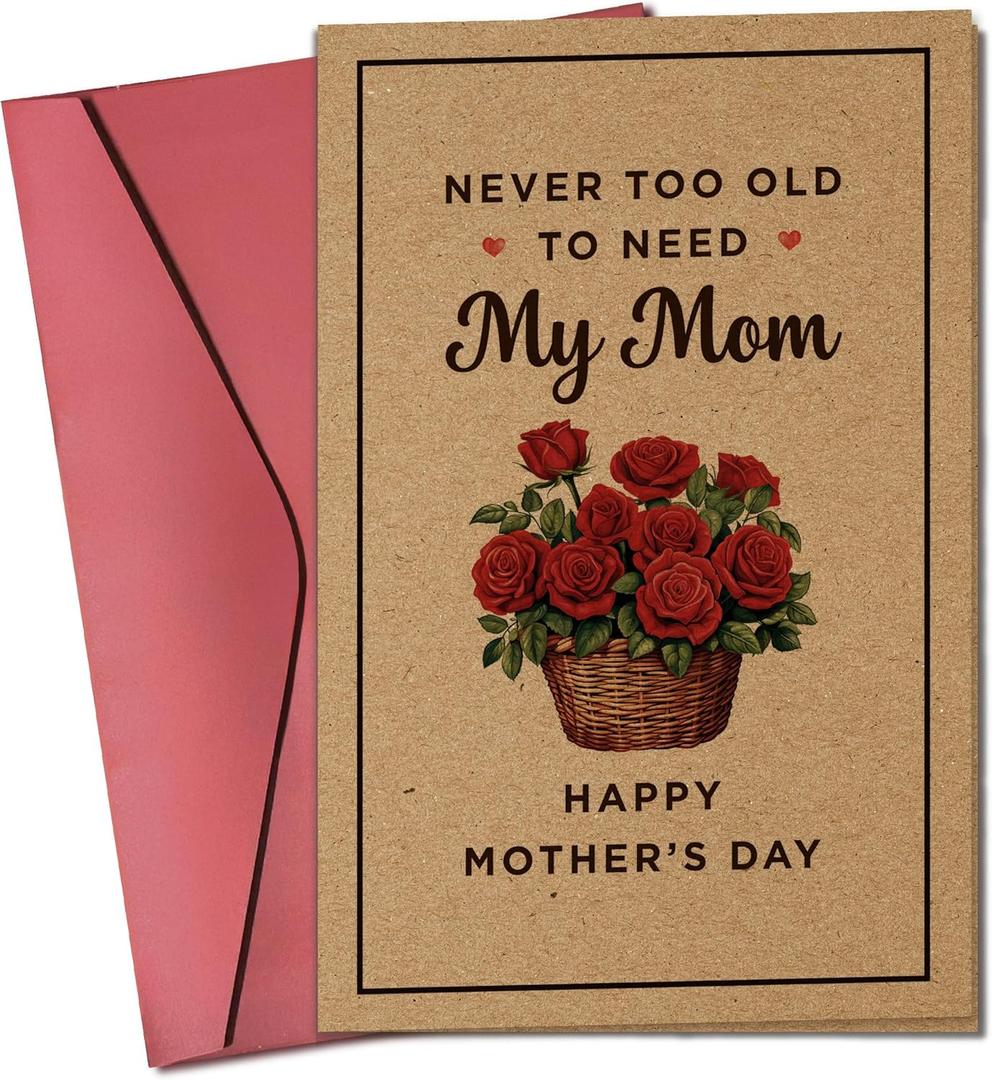 Mothers Day Cards for Mom from Daughter, Son - Mother's Day Card for Mom - Happy Mothers Days Cards from Kids - Single 5.3''x 8'' Flowers Folded Kraft Card with Red Envelope