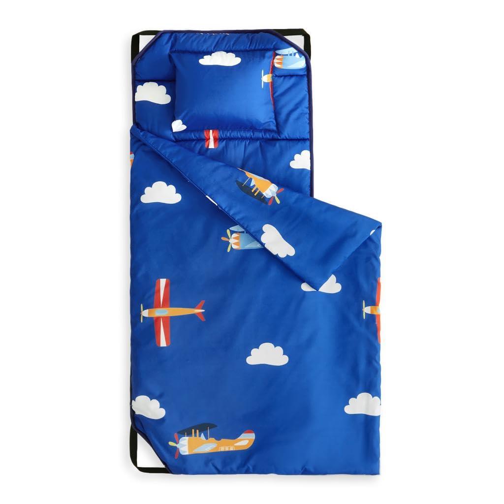 Wake In Cloud - Cot Nap Mat with Pillow and Blanket, for Toddler Kids Boys Girls in Daycare Kindergarten Preschool Pre K with Elastic Corner Straps, Cars Vehicles Trains Airplanes, Blue White  52"L x 22"W x 6"Th
